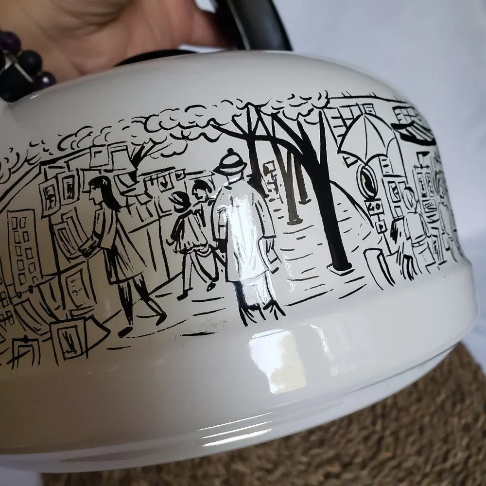 Mikasa Parisian Scenes Whistling‎ Tea Kettle Pot Enameled White Black